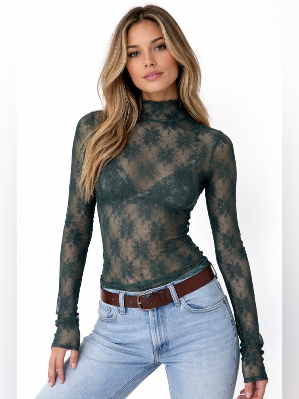 🦋Intimately Free People Lady Luxe Green Layering Lace Long Sleeve size-XS